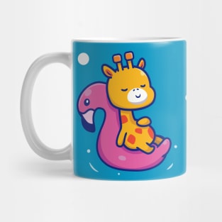 Cute Giraffe Floating With Swimming Flamingo Cartoon Mug